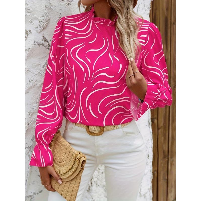 

Весна Осень Блузка женская с длинным рукавом, принтом и оборками на воротнике, свободная, повседневная, офисная, простая рубашка, женская модная элегантная весенне-осенняя одежда XXL