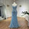 Serene hill blue elegant feather suspender fishtail skirt light luxury host banquet evening dress LA11111