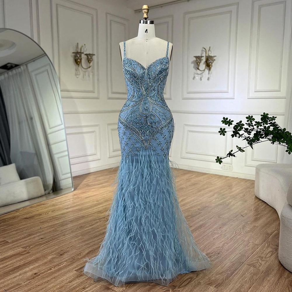 Serene hill blue elegant feather suspender fishtail skirt light luxury host banquet evening dress LA11111