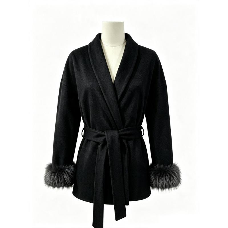 Women S Short Wool Coat With Tie Solid Color Long Sleeve French Style