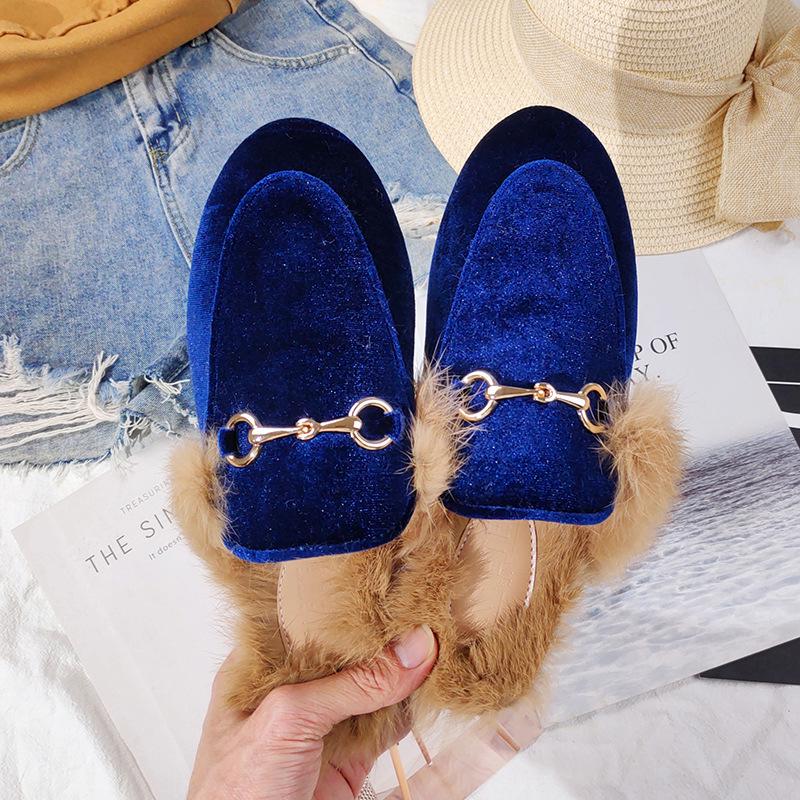 Women's Winter Rabbit Fur Lined Half Slippers: Versatile Flat Bottom Mules (Large Size 41-44)