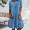 Women‘s Collar Neck Short Sleeve A-Line Midi Dress Denim Solid Casual Plus Gown