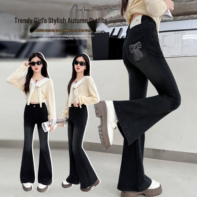 Girls' Flared Jeans with Bow - Autumn 2025 Fashion