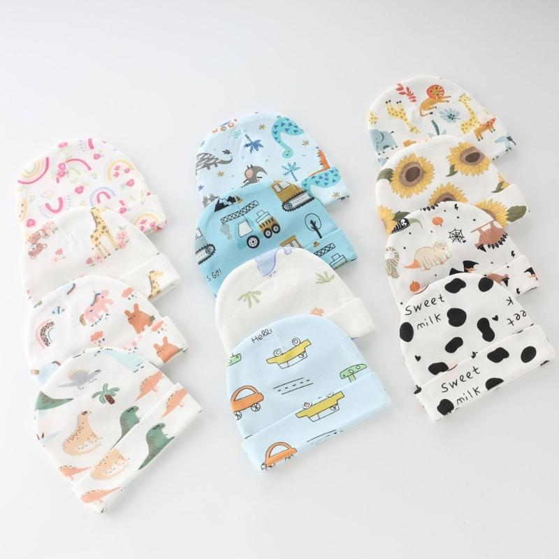 3 Set Baby Bonnet Hat Feature Foldable Cuff with Mittens Cotton Fabric Gentle On Skin Multiple Color Available