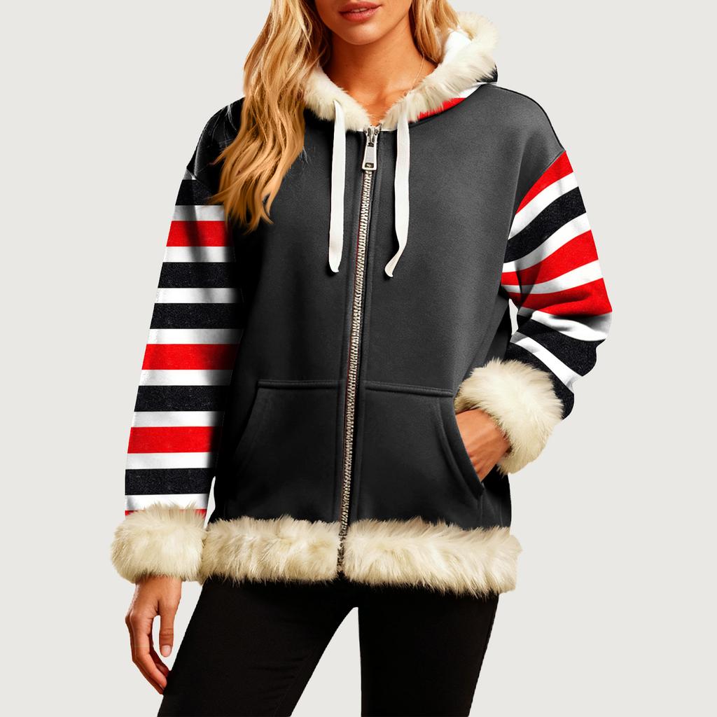 Damen Bequeme Lockere Mode Lässig Gestreifter Druck Langarm Taschen Kapuzenpullover Jacke