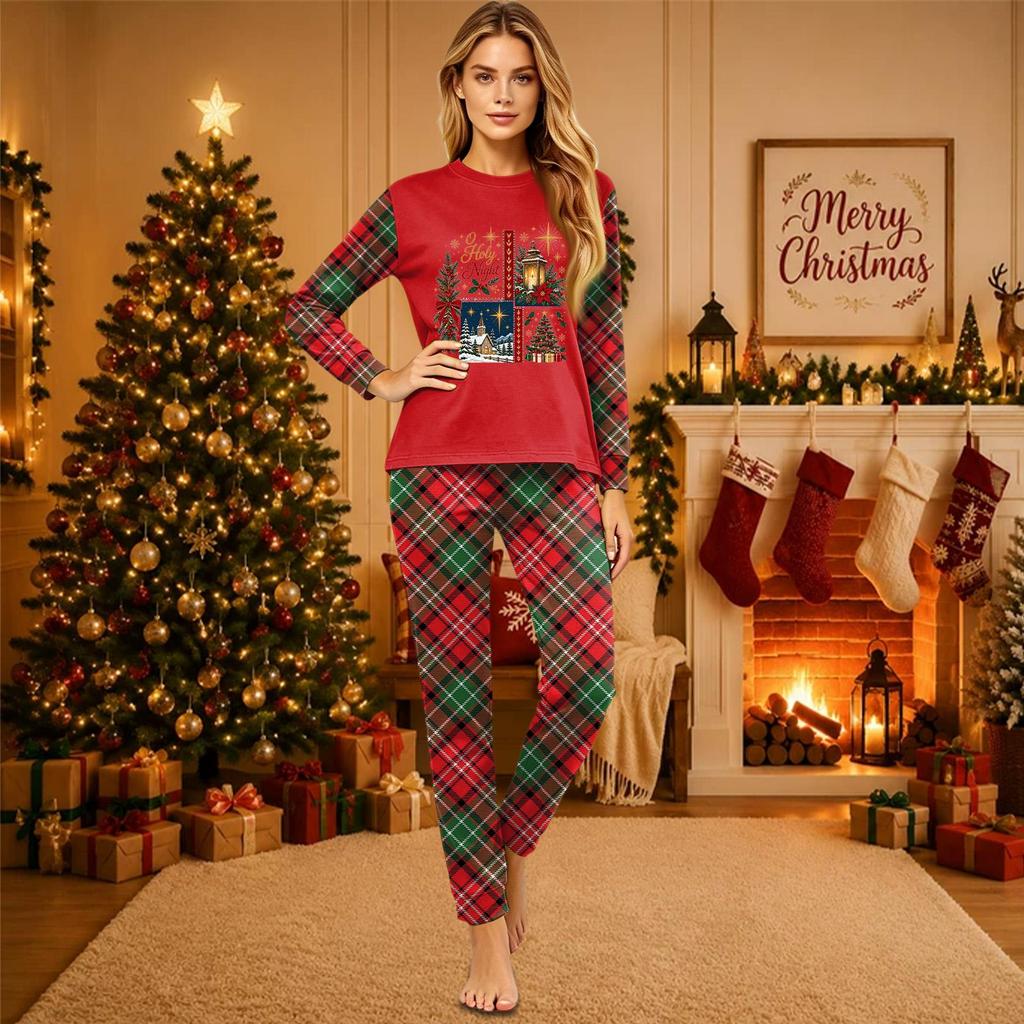Christmas-print long-sleeve and long-pant matching family loungewear set