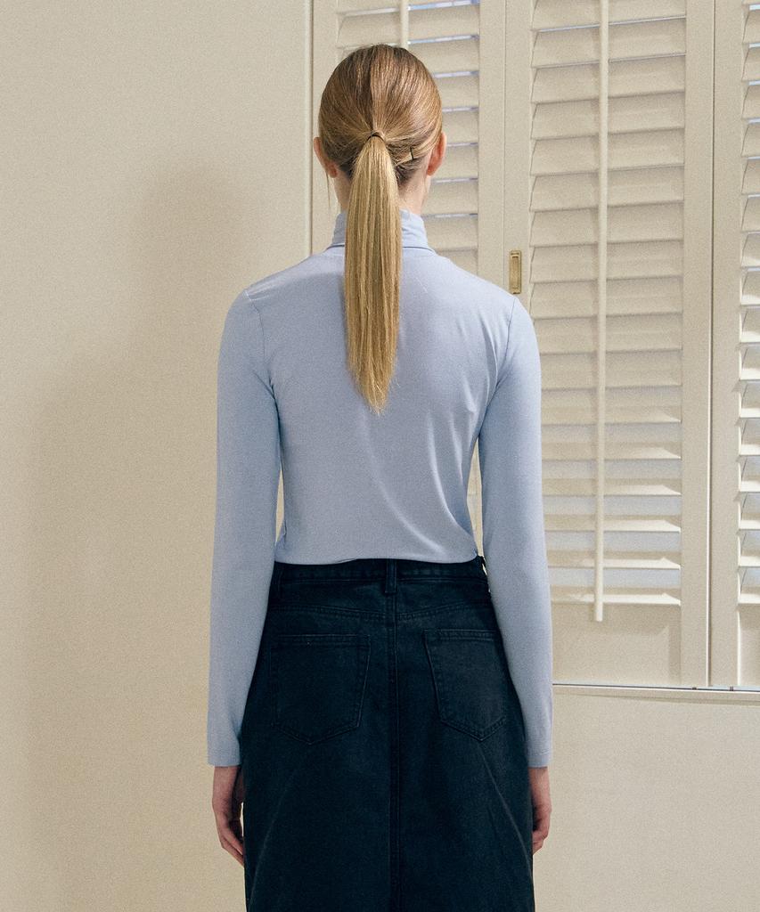 BASIC HOUSE Women'S Stretch Turtleneck Long Sleeve T-Shirt Blue Lats0218