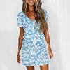 Women's Fashion Casual V-Neck Short Sleeve Drawstring Sequin Printed Dresses