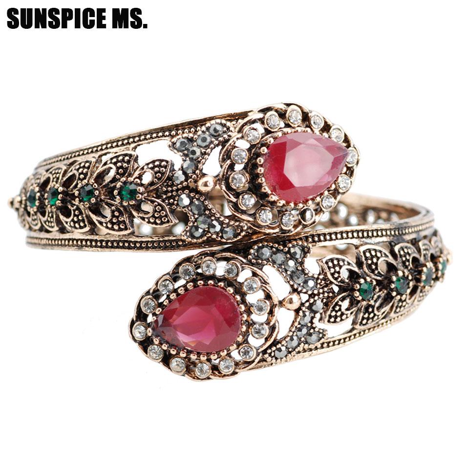 Prachtige Turkse Rode Hars Retro Armband Vintage Manchet Armband voor Vrouwen Antiek Gouden Kleur Boho Bruiloft Sieraden Lente Opening