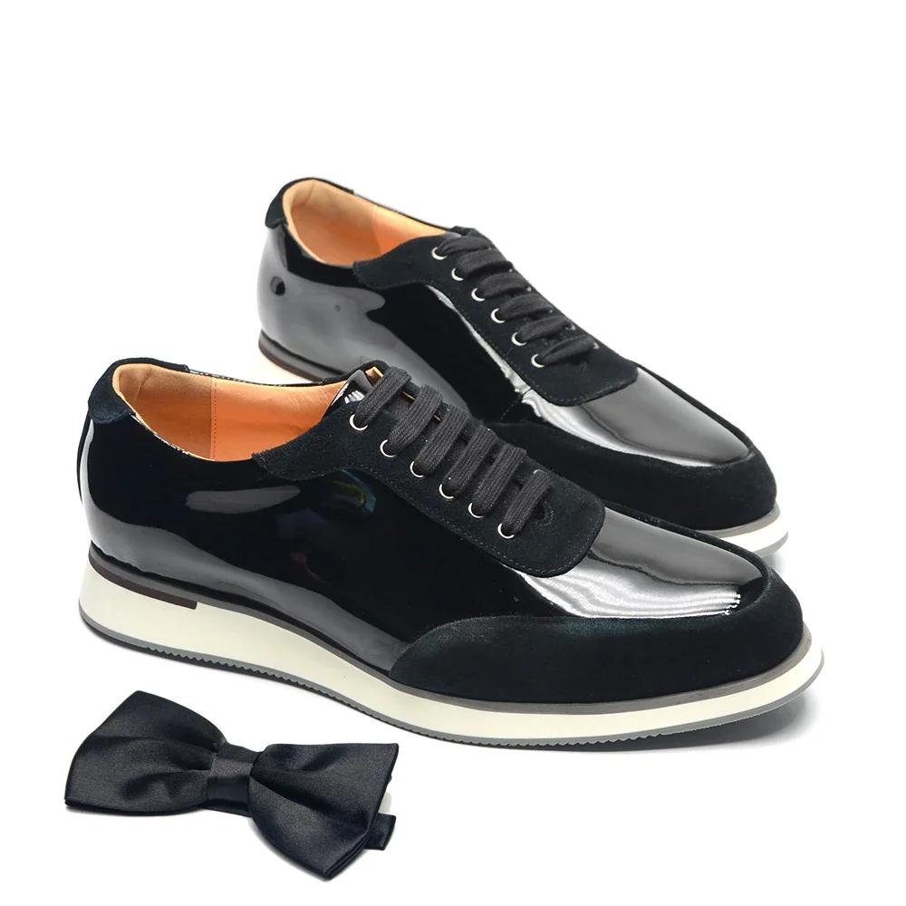 

British Style Men s Oxford Sneakers Black Patent Leather with Cow Suede Lace-up Flat Winter Casual Business Office Shoes for Men 38
