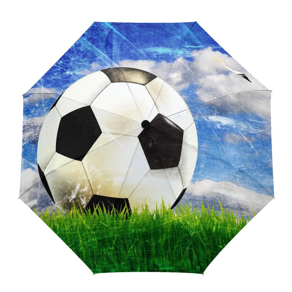 Football Sky Clouds Grass Soccer Creative Umbrella Rain Women Manual Three Folding Umbrellas Windproof Parasol Parapluie