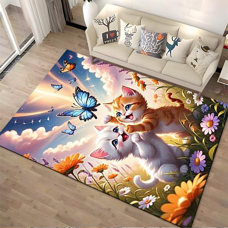 Adorable Cats Playing Amid Flowers and Butterflies Carpet Design Suitable for use as an anti-slip for living room bedroom sofas