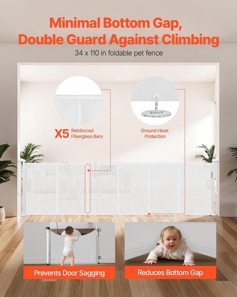 Retractable Baby Gate, 870 mm Tall, Extends up to 2800 mm Wide, Retractable Gate for Kids or Pets, Mesh Material, Easy to Install for Indoor Stairs,