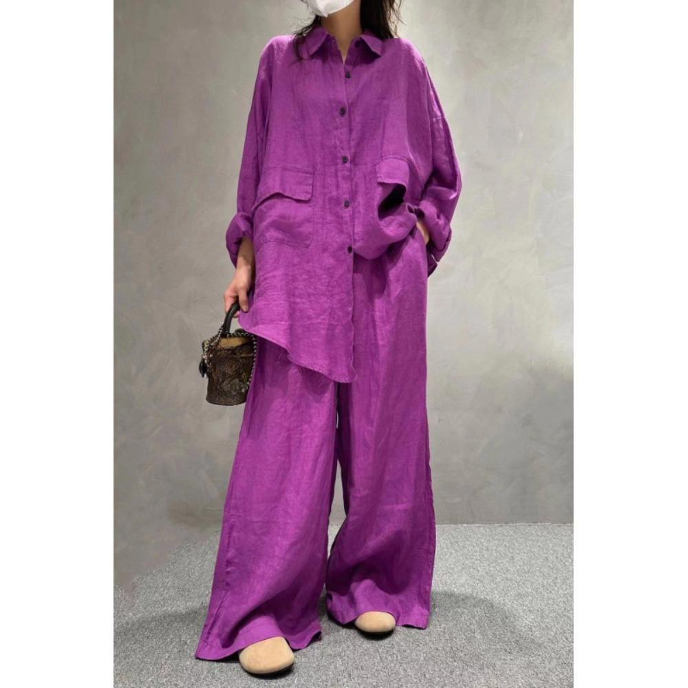 

Женский модный льняной костюм рубашка + повседневные брюки большого размера однотонная темпераментная рубашка повседневный костюм One size фиолетовый