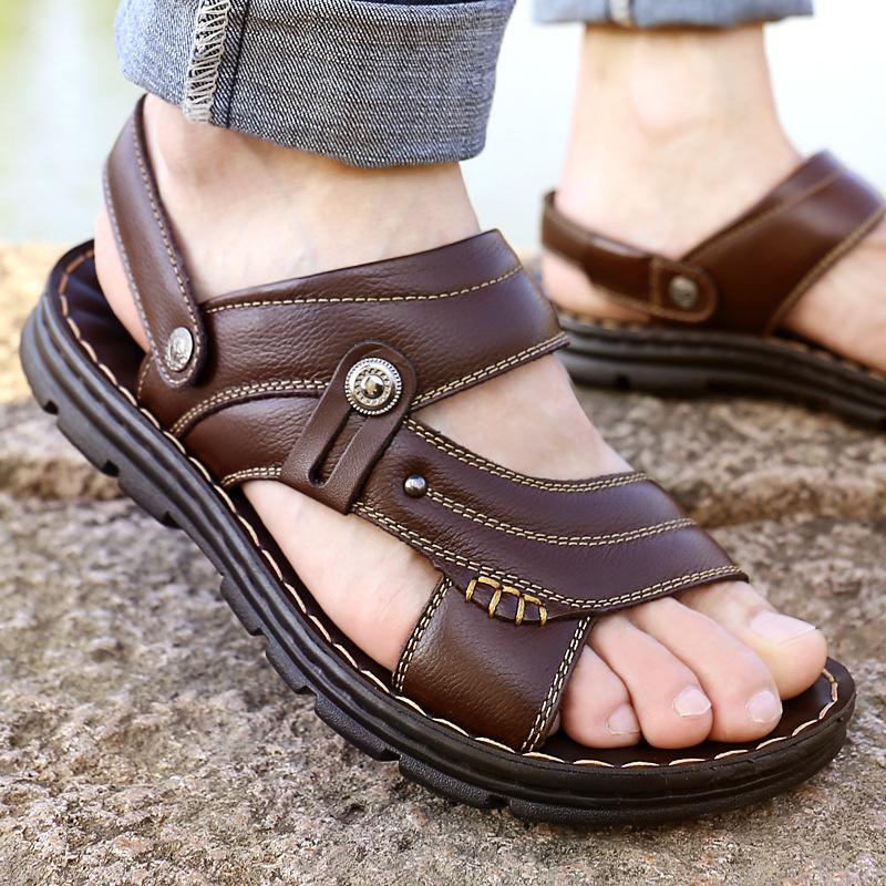 Herrsandaler i äkta läder sommar Tofflor Herr Tofflor Vuxen Strandskor med tjocka sulor Halkfri lädersandal Zapatos Hombre