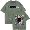 T-shirt Vintage Nera Lavata Gatto Floreale Stampa Double Face Streetwear Casual
