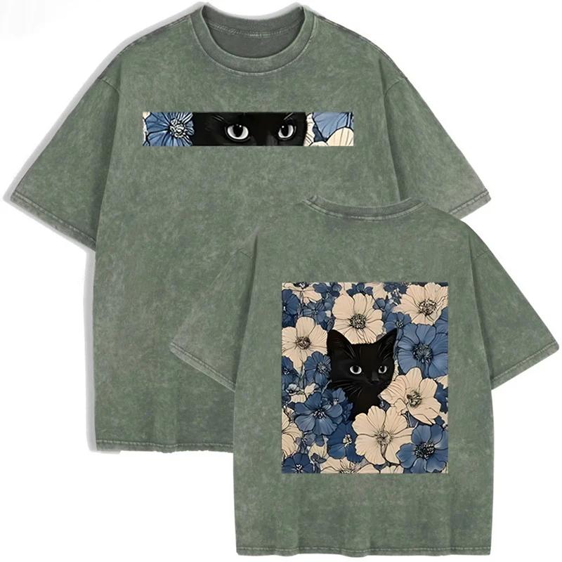 T-shirt Vintage Nera Lavata Gatto Floreale Stampa Double Face Streetwear Casual
