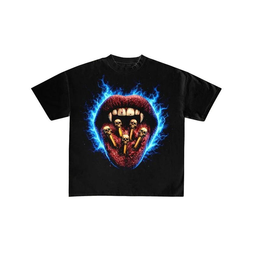 Blue Flame Vampire Lips Skull Graphic T-Shirt M