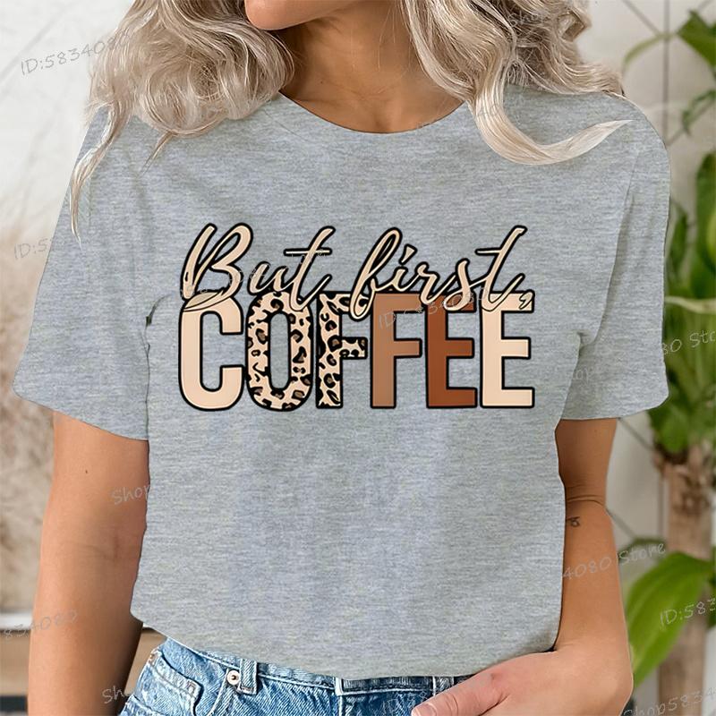 Gift for Coffee Lover Printed Tshirt But First Coffee Leopard Print Tshirt Crew Neck Leopard Coffee Graphic T Shirt for Women S