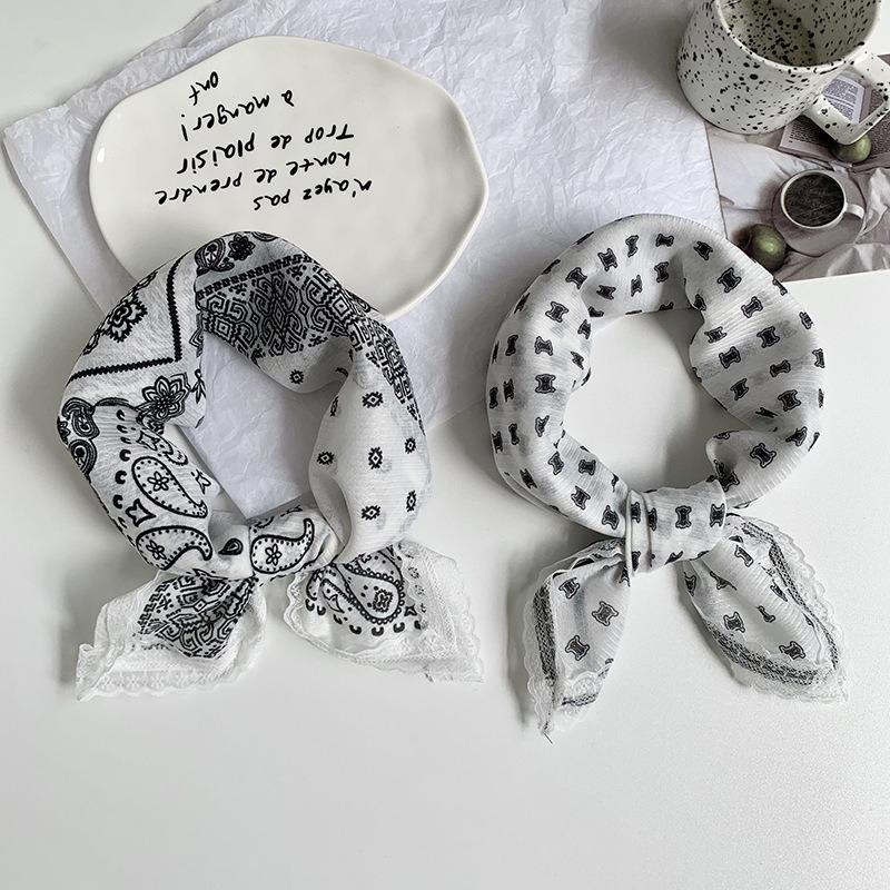 Silk Scarf Neck Small Square Scarf Lace Striped Cashew Nut Silk Scarf Spring and Summer Light Headscarf Headband Decorative Scarf