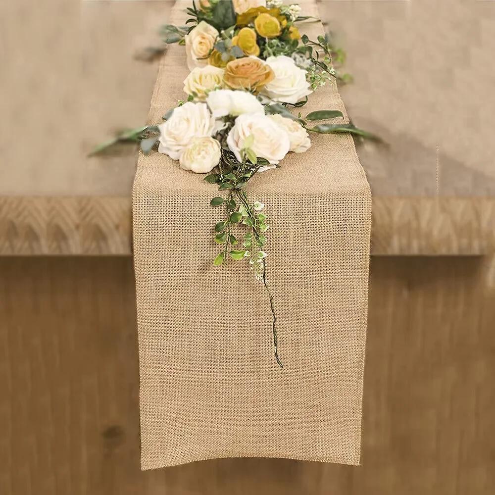 30cm Width Jute Linen Vintage Natural Table Runner Burlap Rustic Khaki Party Country Wedding Christmas Decoration Chair Decor