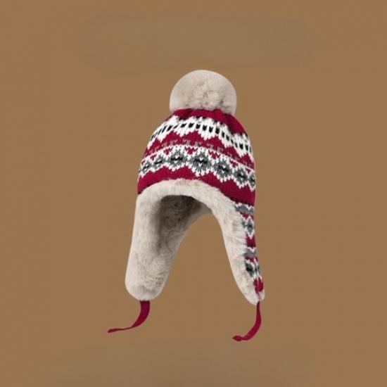 Women Knitted Bobble Hat Furry Inner Ear Flaps with Pompom Ball Winter Outdoor