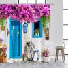 Greek Mediterranean Shower Curtain Purple Flowers Blue Door Window White Architecture Nature Landscape Bathroom Curtains Decor