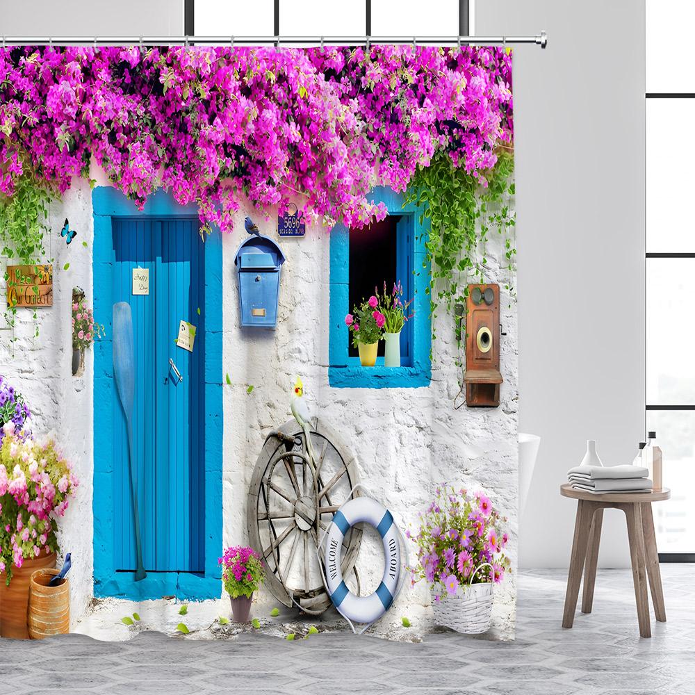 Greek Mediterranean Shower Curtain Purple Flowers Blue Door Window White Architecture Nature Landscape Bathroom Curtains Decor