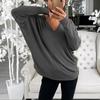 Women Fashion Casual Solid V-Neck Loose Long Sleeve T-shirt Top Blouse Pullover
