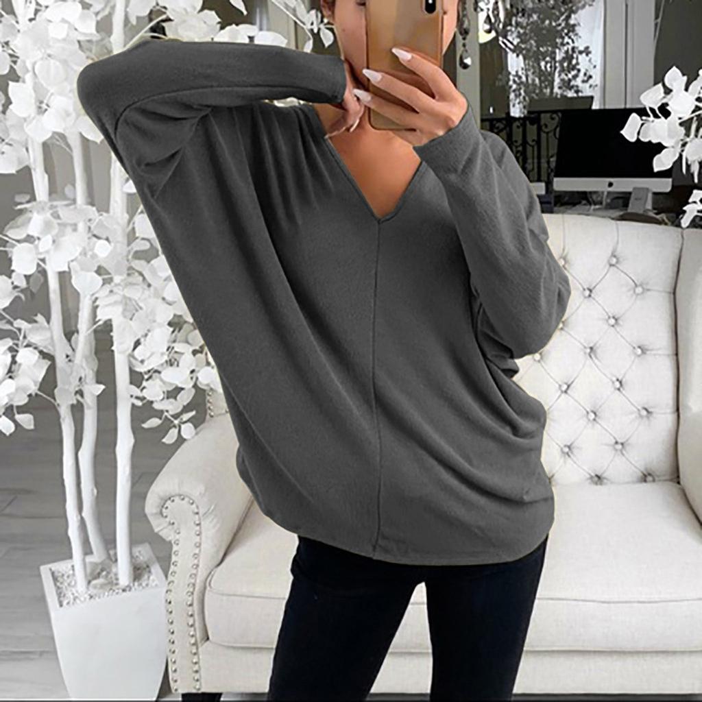 Women Fashion Casual Solid V-Neck Loose Long Sleeve T-shirt Top Blouse Pullover