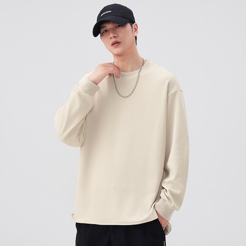 Air-layer Pearl-ground Sweatshirt Men's Round Neck Hem Slit Pullover Long-sleeved T-shirt Solid Color Base Shirt
