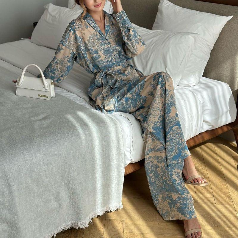 Shirt and Pants Set New Women Fashion French style Print Long sleeve Lace-up Shirts Wide Leg Pants Set