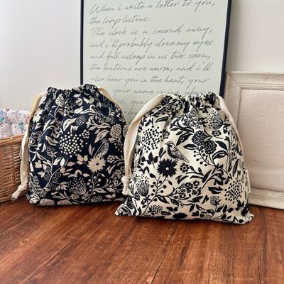 1pcs Floral Bird Print Cotton Drawstring Storage Bag Portable Reusable Organizer Pouch for Home Travel Shopping Beach