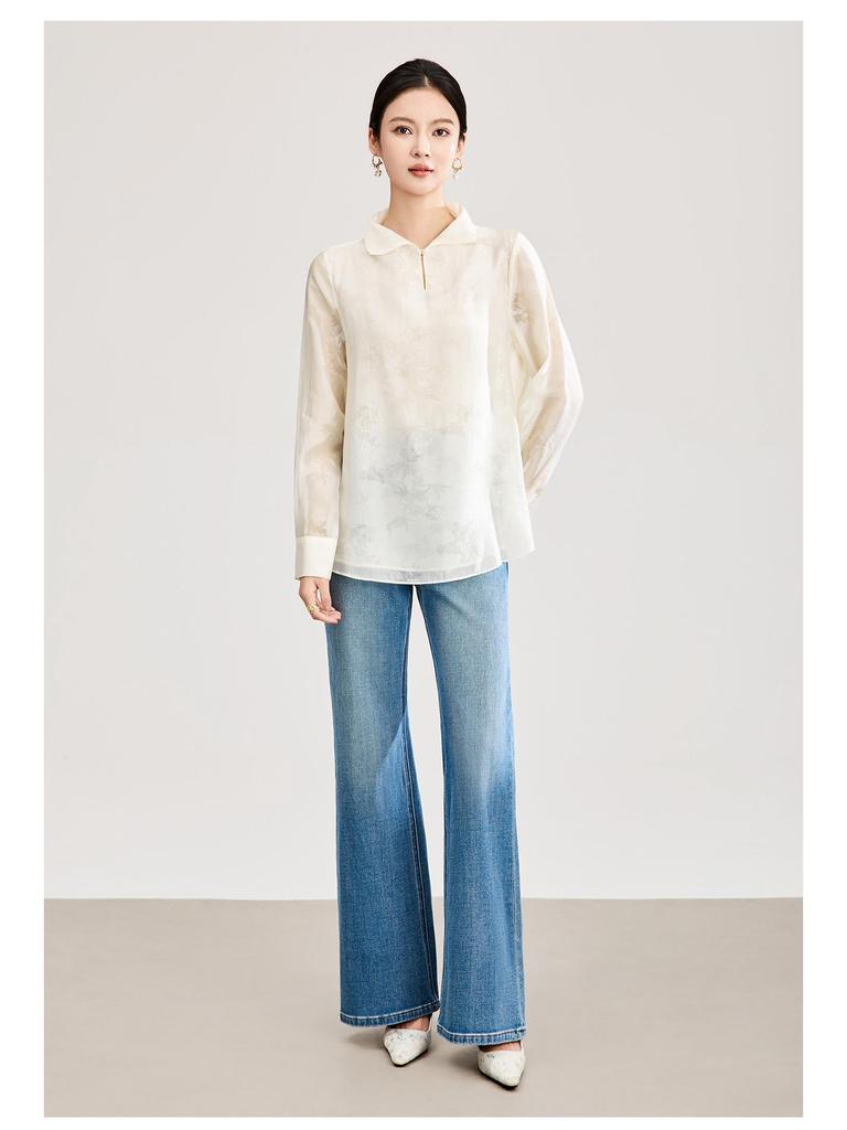 Elegant Silk Jacquard Stand Collar Shirt - Spring Style