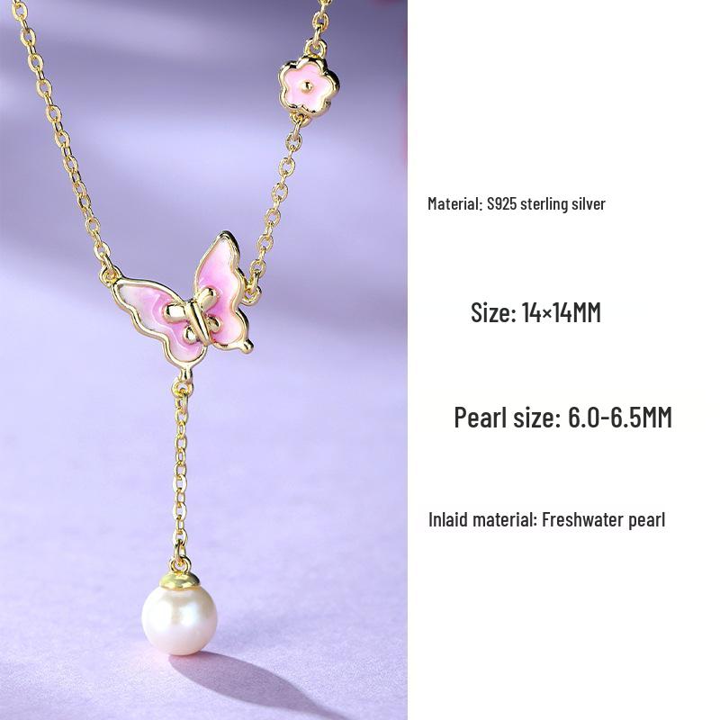 S925 Sterling Silver Butterfly & Pearl Tassel Necklace - Women s Exquisite Clavicle Chain 925 Sterling Silver