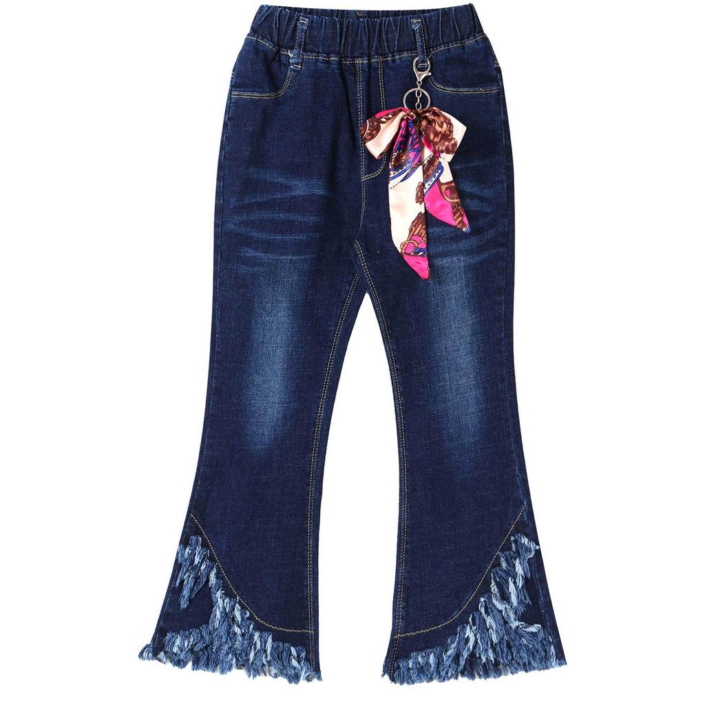 Kids Girls Denim Bell Bottom Pants Elastic Waist Bowknot Tassel Hem Stylish Long Trousers for Casual Wear