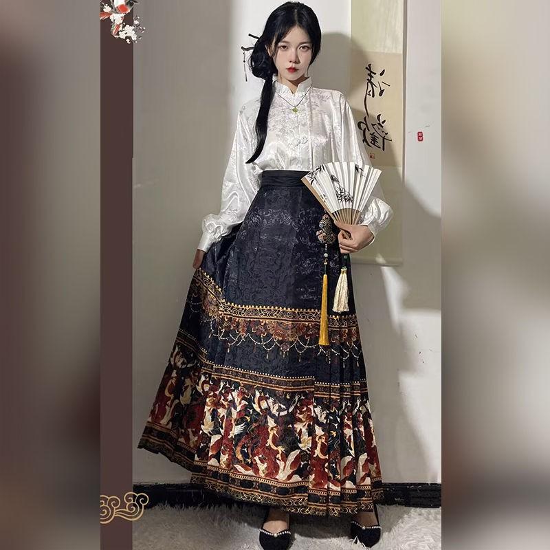 Ming Dynasty Inspired Hanfu Style Stand Collar Blouse With Jacquard Wrap Skirt Women Winter Daily Wear