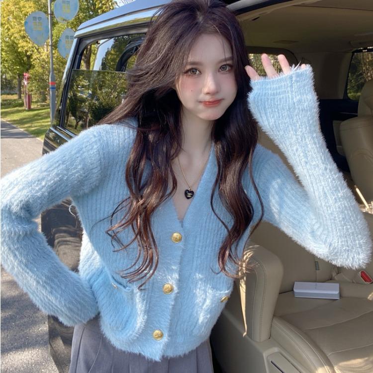 

Женский вязаный кардиган, короткая куртка, женский универсальный однотонный вязаный свитер в стиле Pure Desire 2XL синий