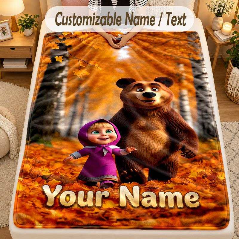 Flannel BlanketMasha and the Bear Custom Name Text Personalized Soft Warm Throw Blanket Home Decor Gift