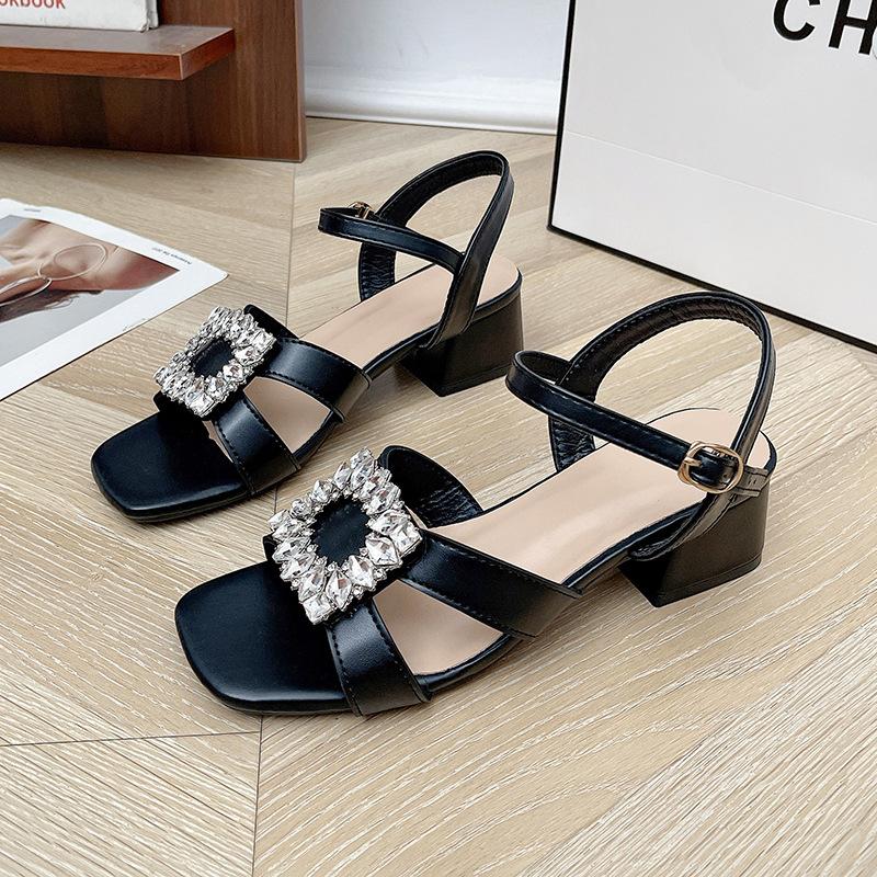 Crystal flower sweet thick heel middle heel with sandals summer new simple Korean version leak toe sandals women