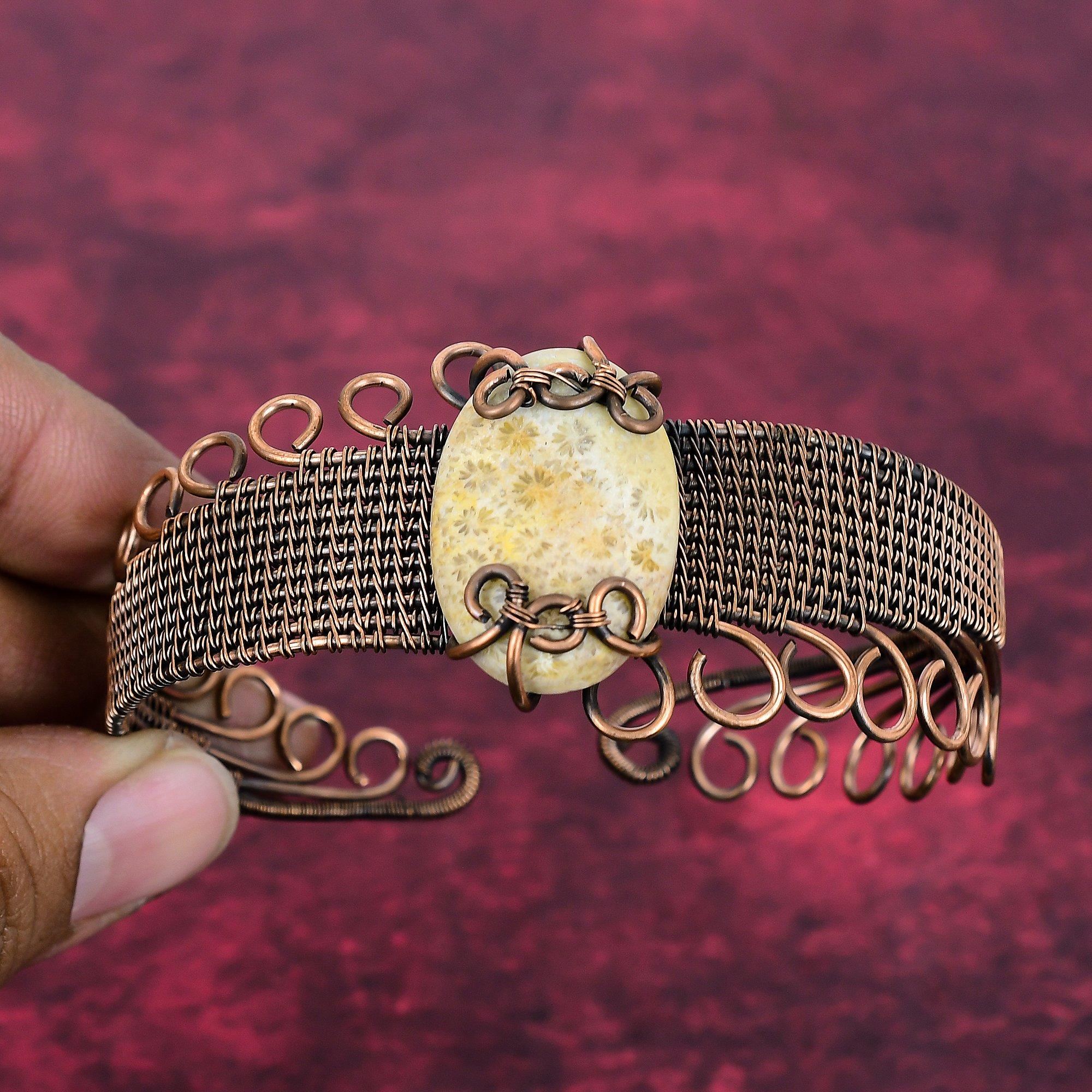 Браслет-манжета из ископаемого коралла, натуральный драгоценный камень, обмотка медной проволокой, регулируемый Adjustable