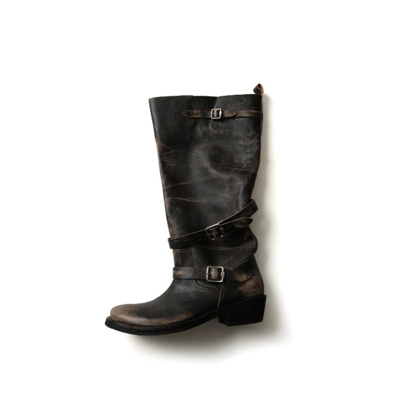 Retro Old Fashion Boots Women's 2025 New Polished Thick Heel Platform Knight Boots Belt Buckle Medium Tube Stack Boots