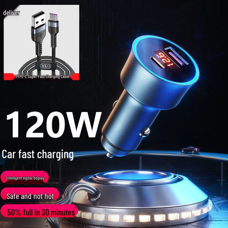 MKO 120W Metal Car Charger for Apple & Android with PD USB Pass-through and Cigarette Lighter Converter.