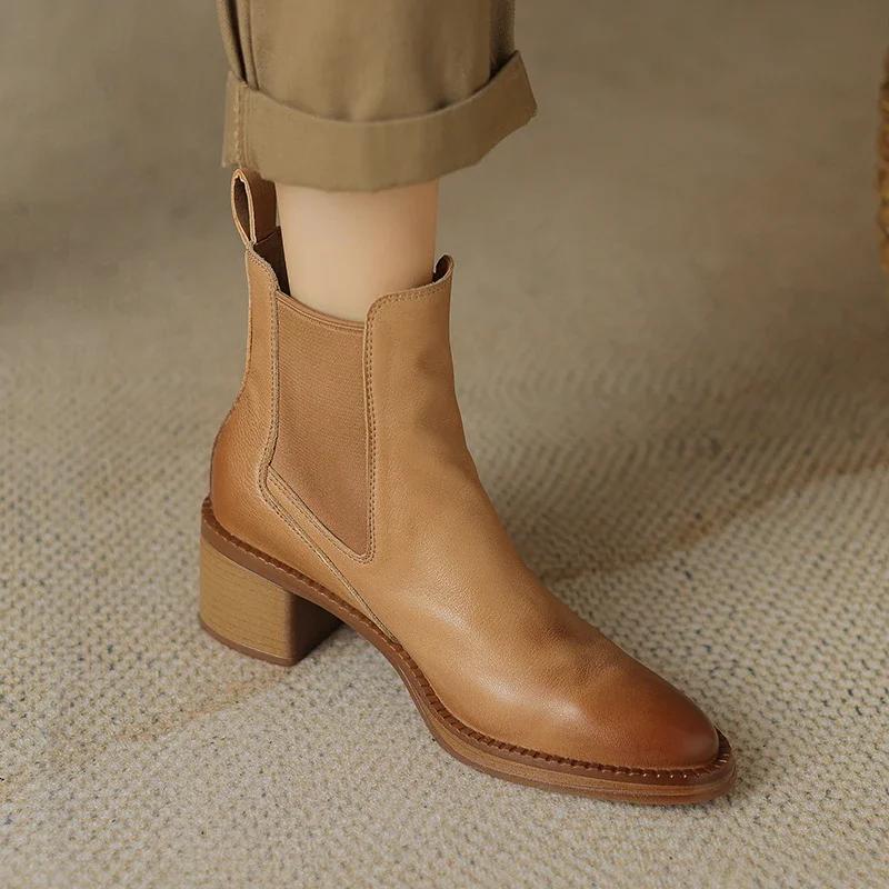 Fashion 2024 Hot Sale Women Boots Ankle Boots Genuine Leather Shoes for Women Chelsea Short Boots Chunky Heel Ladies Women Shoes