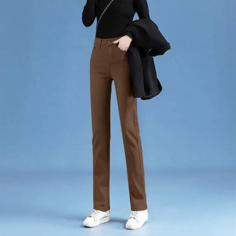 

Женские джинсы из эластичного денима кофейного цвета с высокой посадкой - 2025 Весна Прямые брюки-сигареты 26 кофейный