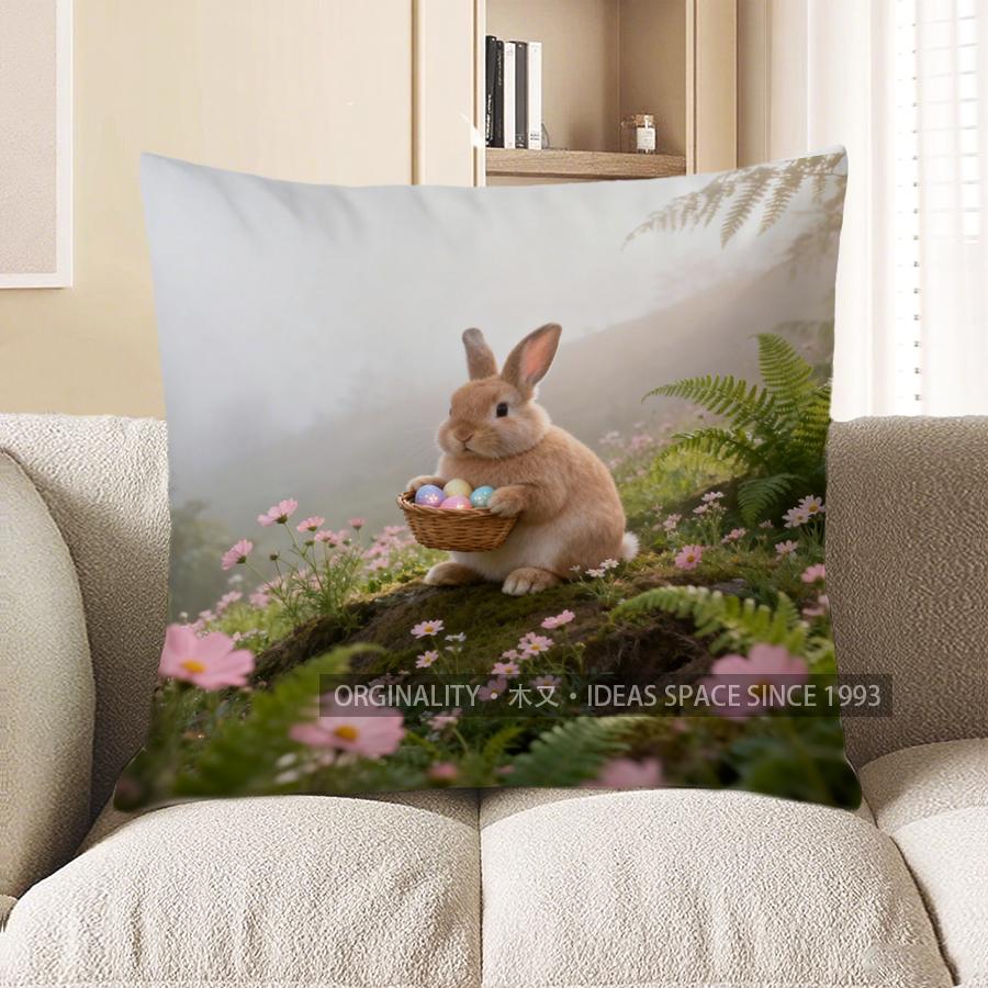 

2D Easter Bunny With Eggs Floral Decorative Pillow Pattern Cushion Cover Suitable For Sofa Bedroom Car Pillow Cover 40x40cm