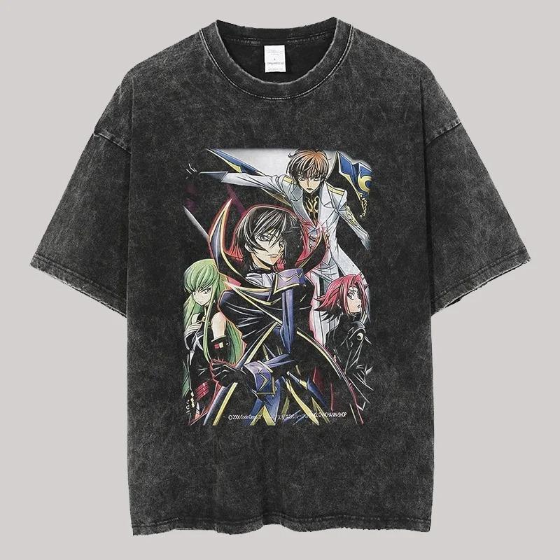 Japan Classic Anime Code Geass Vintage Washed Graphic Print Tshirt Oversized Harajuku Casual Wome Men CottonTee Summer New Tops