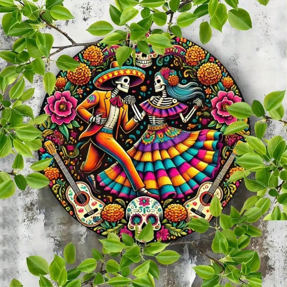 Mexican Folk Art Sugar Skull Iron Sign Vibrant Floral Skeleton Wall Decor