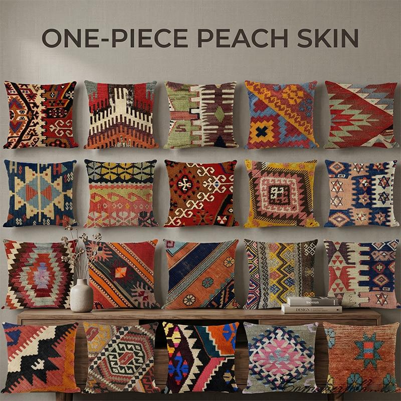 Tinika Chen Unisex Peach Vintage Kilim Cushion Cover Boho Ethnic Geometric Throw Pillowcase Skin Decorative Pillow For Sofa Living Room Home Decor