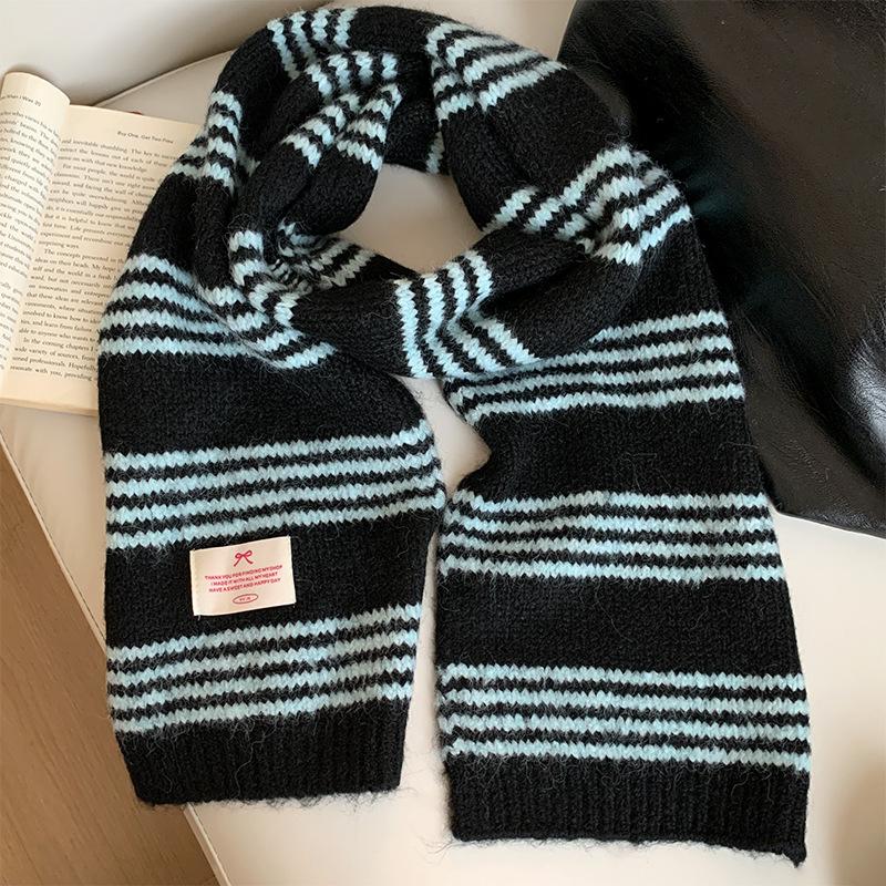 Korean High End Striped Wool Scarf for Women in Winter New Warm and Cold Proof Neck Shawl Knitted Scarf
